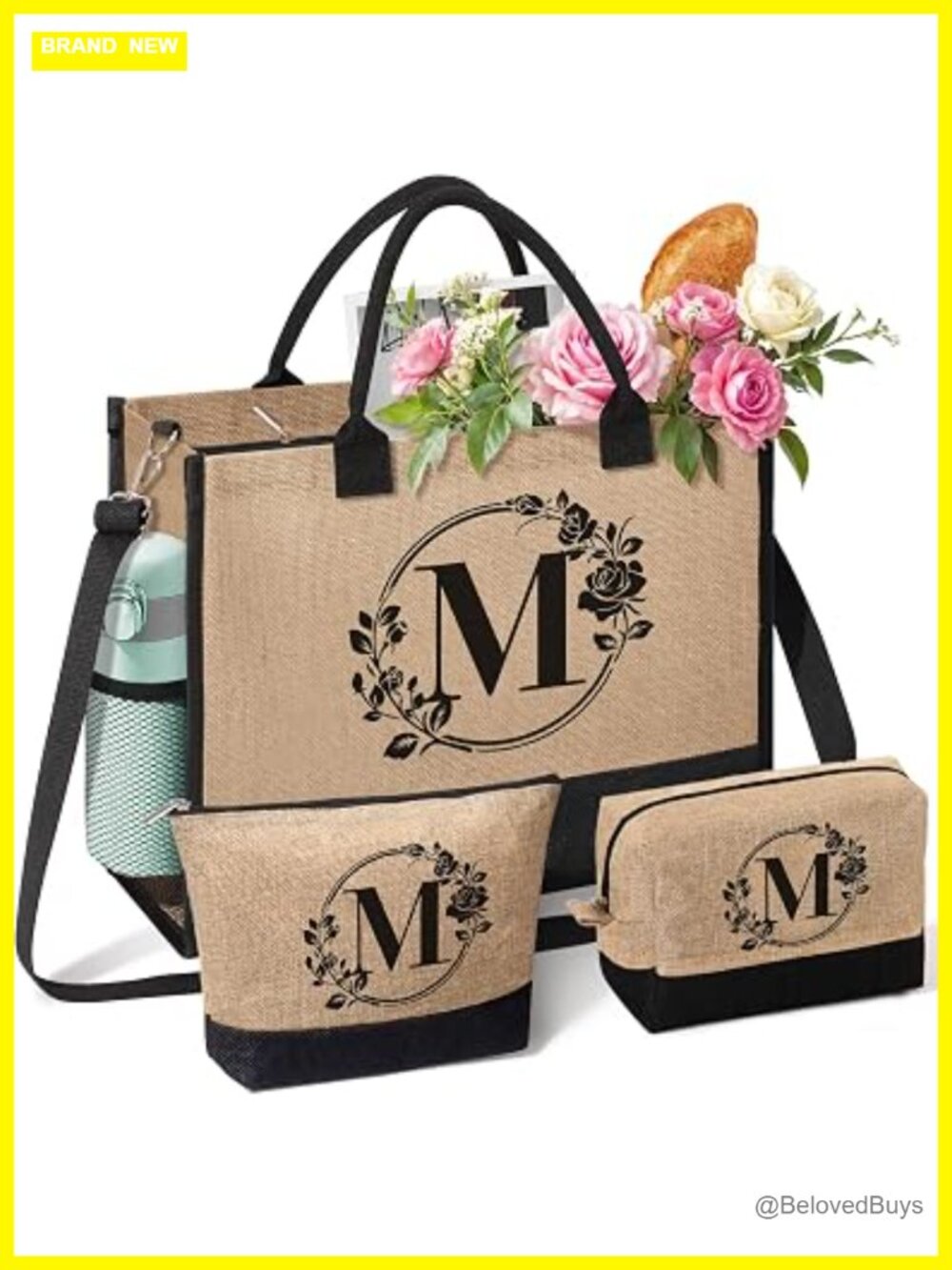 Monogrammed Jute Tote Bag with Makeup Bags, Beach & Travel Tote